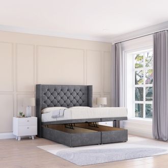 Sloomy Dior Conistan Fabric Ottoman Bed End Opening With Sprung Memory Mattress & 54 Inch Floorstanding Headboard With Wings | Size: Double