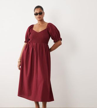 New Look Plus New Look Curve - Vestito midi bordeaux con arricciature e maniche a sbuffo-Rosso