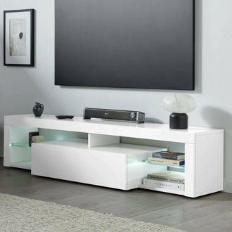 Dmora Dmora - Mueble Tv Ugo, Aparador Bajo De Sal&oacute;n Con 1 Puerta, Base Para Tv, 160x40h35 Cm, Blanco Brillo, Con Embalaje Reforzado