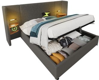 STILVORA Cama Con Arc&oacute;n 160 X 200 Cm De Lino, Cama Doble Con L&aacute;mpara De Lectura, Usb Y Tipo-c, Colch&oacute;n Incluido, Gris