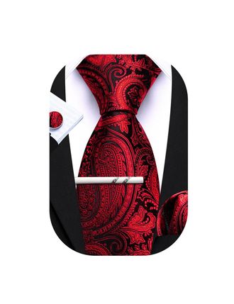Barry.Wang Mens Tie Paisley Plaid Striped Floral Silky Necktie Pocket Square Cufflinks Clip Set Wedding Party Formal Business (Red black)