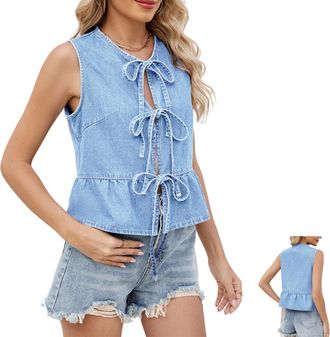 Generic Women Tie Front Denim Tank V Neck Ruffle Hem Sleeveless Peplum Jean Top, 2025 Trendy Casual Waistcoat Y2k Peplum Tank Tops (Light Blue,M)