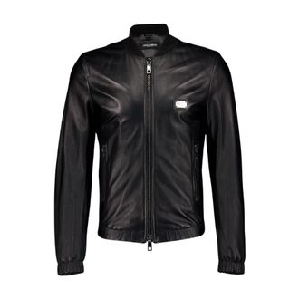 Dolce & Gabbana Zwarte Lamsvacht Jas met Metalen Tag - Heren - Leren en Su&egrave;de Jassen - Zwart - S - Jassen