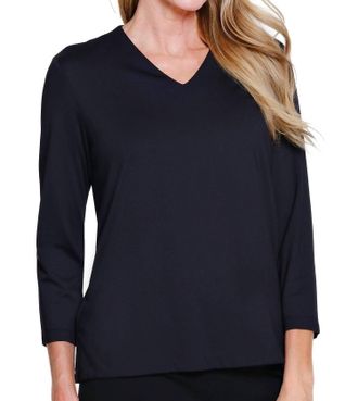 Multiples 3/4 Sleeve V Neck Top In Black