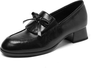 Generic Womens Slip-On Block Heel Loafers Special Bow Accent Round Toe Smooth PU Leather Upper Low Heel Stitched Detail Comfortable Durable Shoes,Black,3.5 UK