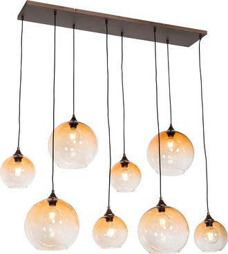 QAZQA Art D&eacute;co L&aacute;mpara Colgante Art Deco Bronce Oscuro Con Cristal &Aacute;mbar 8 Luces - Sandra Vidrio /acero Alargada Adecuado Para Led Max. 8 X 60 Watt - Qazqa