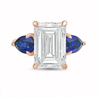 Diana M. Jewels 14kt rose gold lab grown 4ct emerald diamond ring with sapphire pears on the sides