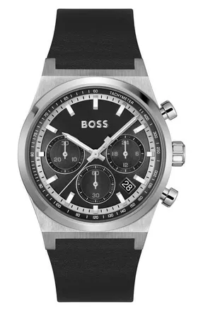 BOSS Candor Chronograph Leather Strap Watch, 41mm in Black Dial at Nordstrom