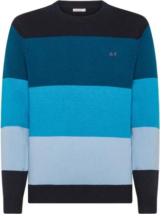 Sun 68 Blauwe Gestreepte Wollen Trui - Heren - Ronde hals truien - Blauw - XL - Wol - Truien & Vesten