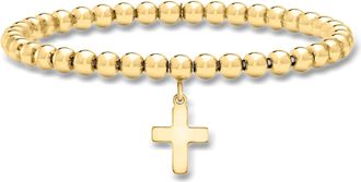 RS Pure by Ross-Simons Italian 5mm 18kt Gold Over Sterling Bead Stretch Bracelet With Cross Charm