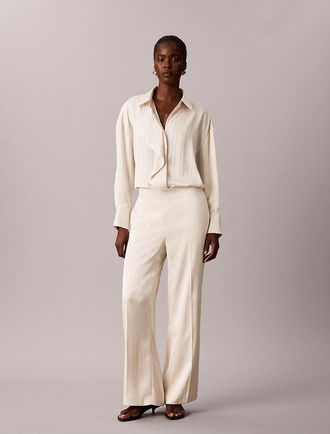 Calvin Klein Womens Satin Stripe Pull-On Wide Leg Pant - White - XS