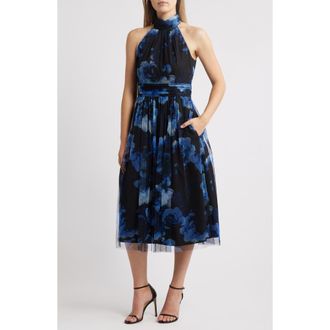 Eliza J Floral Fit & Flare Ilusion Lace Midi Dress in Navy at Nordstrom Rack, Size 6