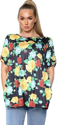 Purple Hanger New Womens Plus Size Stretch Fit Round Neck Plain Button Tops Ladies Three Quarter Turn Up Sleeve T-Shirt Top (22-24, Black Yellow Rose)