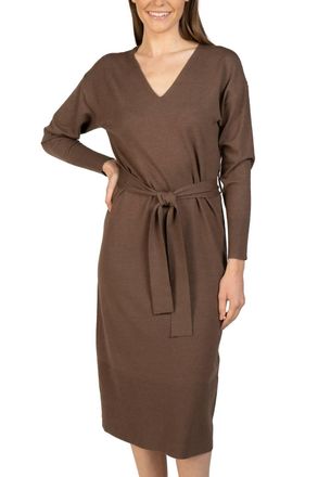 Love Token Knit Midi Sweater Dress With Tie Sash In Brown