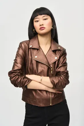 Joseph Ribkoff Mira Metallic Faux Leather Biker Jacket In Bronze