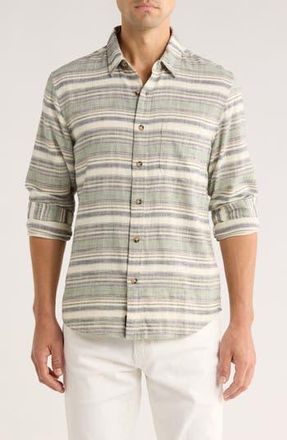 Lucky Brand San Gabriel Slub Stripe Button Up Shirt in Green Stripe at Nordstrom Rack, Size Large