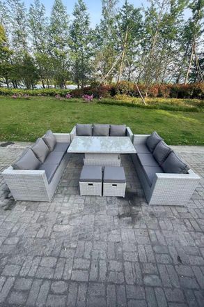 Fimous U Shape Rattan Garden Furniture Set Adjustable Rising Lifting Table Dining Set 2 Stools in Light Grey