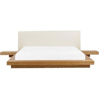Beliani Cama De Agua Moderna 180 X 200 Cm Con Colch&oacute;n Mesitas De Noche Cabecero De Piel Sint&eacute;tica Mdf Madera De Fresno Natural Zen
