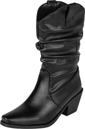 Generic Womens Casual Mid Calf Boots Square Toe High Thick Heel Slip On Design With Pleated Shaft And Non Slip Sole