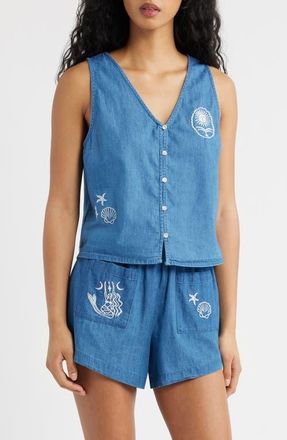 Rip Curl Catalina Island Denim Button-Up Sleeveless Top in Mid Blue at Nordstrom, Size Xx-Small