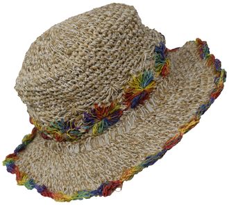 Gheri Hemp Cotton Straw Sun Hat Panama Wide Brim Summer Holiday Colorful Rainbow M