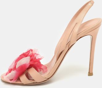 Gianvito Rossi Peach Leather Floral Embellished Slingback Sandals