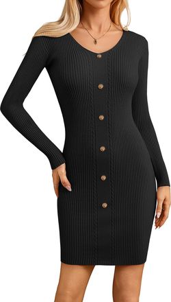 Grace Karin Jumper Dress for Women UK Women Long Sleeve V-Neck Knitted Dress Button Front Bodycon Midi Black XXL
