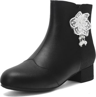 Generic Womens Elegant Round Toe PU Ankle Boots with Lace Flower Pearl Detail Low Block Heels Side Zipper Comfortable Anti-Slip Wear-Resistant for Daily Casua