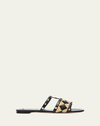 Valentino Garavani Rockstud Raffia Flat Slide Sandals