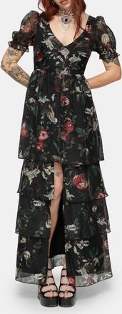 Disturbia Anara Fruit Print Tiered Gown in Black at Nordstrom, Size 16