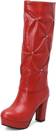 Generic Womens Block High Heel Platform Round Toe Knee High Boots Side Zipper Rhinestones Decor Elegant Casual Winter Shoes (5.5,Red)