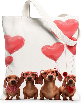 Generic ValentineS Day Cute Dogs Canvas Tote Bags, Adorable Animal Love Pattern Reusable Grocery Bags, Lightweight Washable Should, White, 13x15 Inch