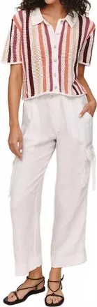 Bella Dahl Short Sleeve Open Knit Button Down Top In Beach Side Stripe