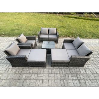 Fimous Rattan Outdoor Garden Furniture Sofa Set Table & Chairs with 2 Big Footstool Dark Grey Mixed - Fimous