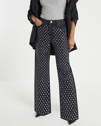 River Island Womens Straight Jeans Black Mirror Studded Relaxed Denim Cotton - Size 14 Regular
