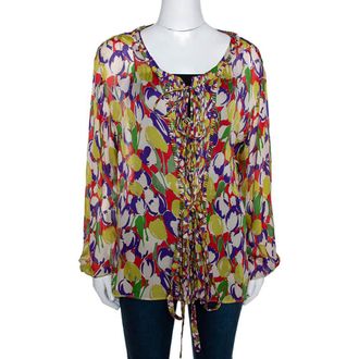 Roberto Cavalli Multicolor Tulip Print Silk Sheer Blouse M
