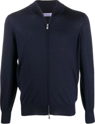 Brunello Cucinelli Blauwe Gebreide Cardigan Met Rits - Heren - Vesten - Blauw - 2XL - Wol - Truien & Vesten