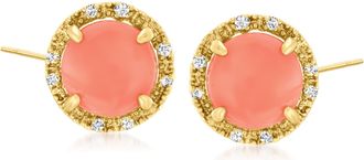Ross-Simons Coral and Diamond-Accented Stud Earrings in 14kt Yellow Gold
