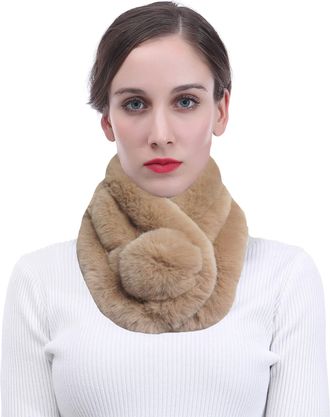Lina & Lily Unisex Faux Fur Winter Collar Neck Scarf with Pom Pom Soft Fluffy (Light Camel)