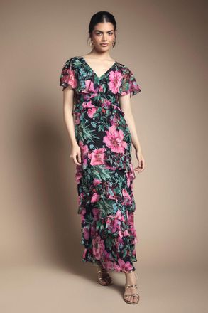 Oasis Womens Ruffle Detail Maxi Dress - Black - Size 16 UK