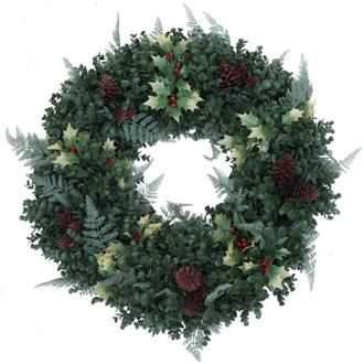 Hhg [nunca Usado] Corona Artificial Hhg-396, Corona Para Puerta, Corona Para Mesa, Decoraci&oacute;n Artificial &Oslash; 60 Cm, Verde Con Bayas Rojas
