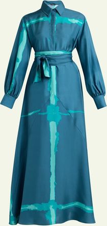 Kiton Printed Silk Long-Sleeve Maxi Shirtdress