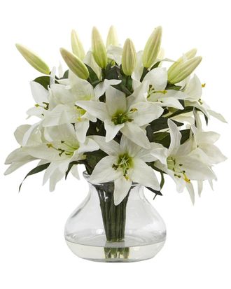 Nearly Natural Lily Silk Arrangement with Glass Vase