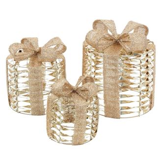 ECD Germany Set de 3 cajas de regalo LED doradas decorativas para &aacute;rbol de Navidad