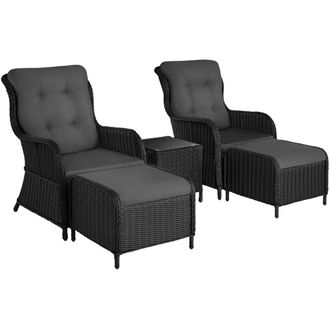 TecTake Conjunto de rat&aacute;n, 2 sillones, 2 taburetes, cojines, 1 mesa negro/gris