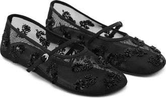 Mango Buckle Strap Floral Embellished Mesh Ballerina Flat in Black at Nordstrom, Size 5Us