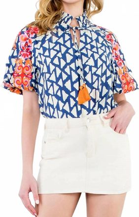 THML Clothing Embroidered Puff Sleeve Blouse In Blue