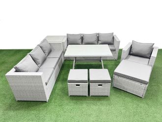 Fimous 10-seater Patio 3 Seater Sofa Armchair Set with Side Table 3 Stools in Light Grey