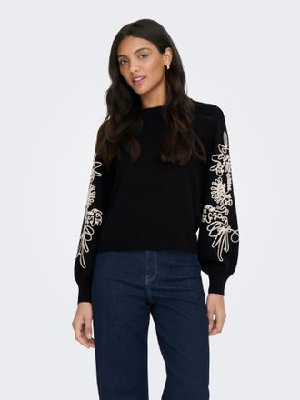 Only Strickpullover ONLY ONLMAGNOLIA LS DETAIL PULLOVER KNT, Damen, Gr. XS, schwarz detail:ecru lace ribbon, Strick, Obermaterial: 51% Viskose, 26% Polyest