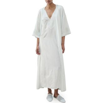 Mango Embroidered Sleeve Satin Robe in Blue at Nordstrom, Size Medium